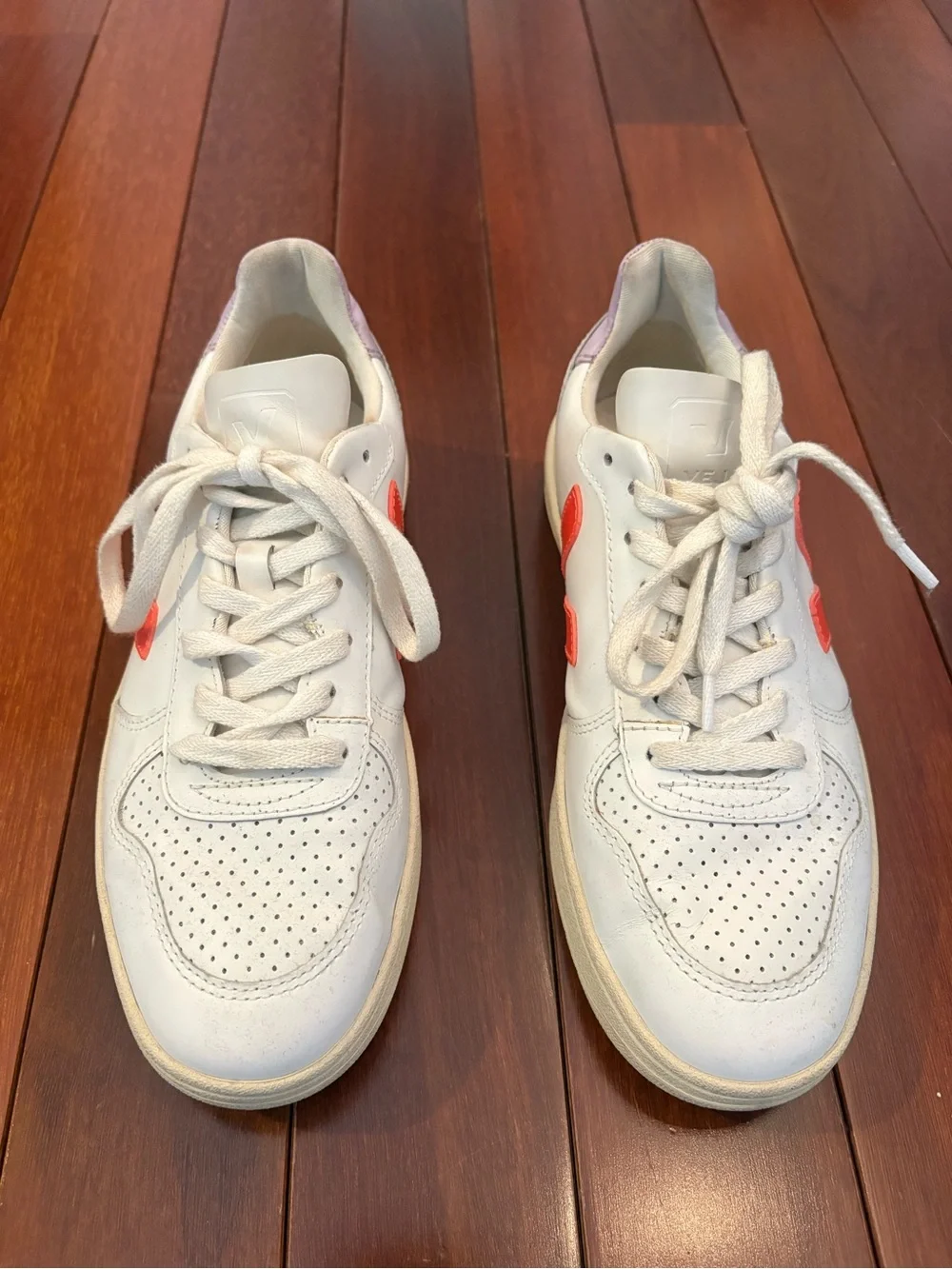 Veja White Leather Sneakers with Red Coral V Accent